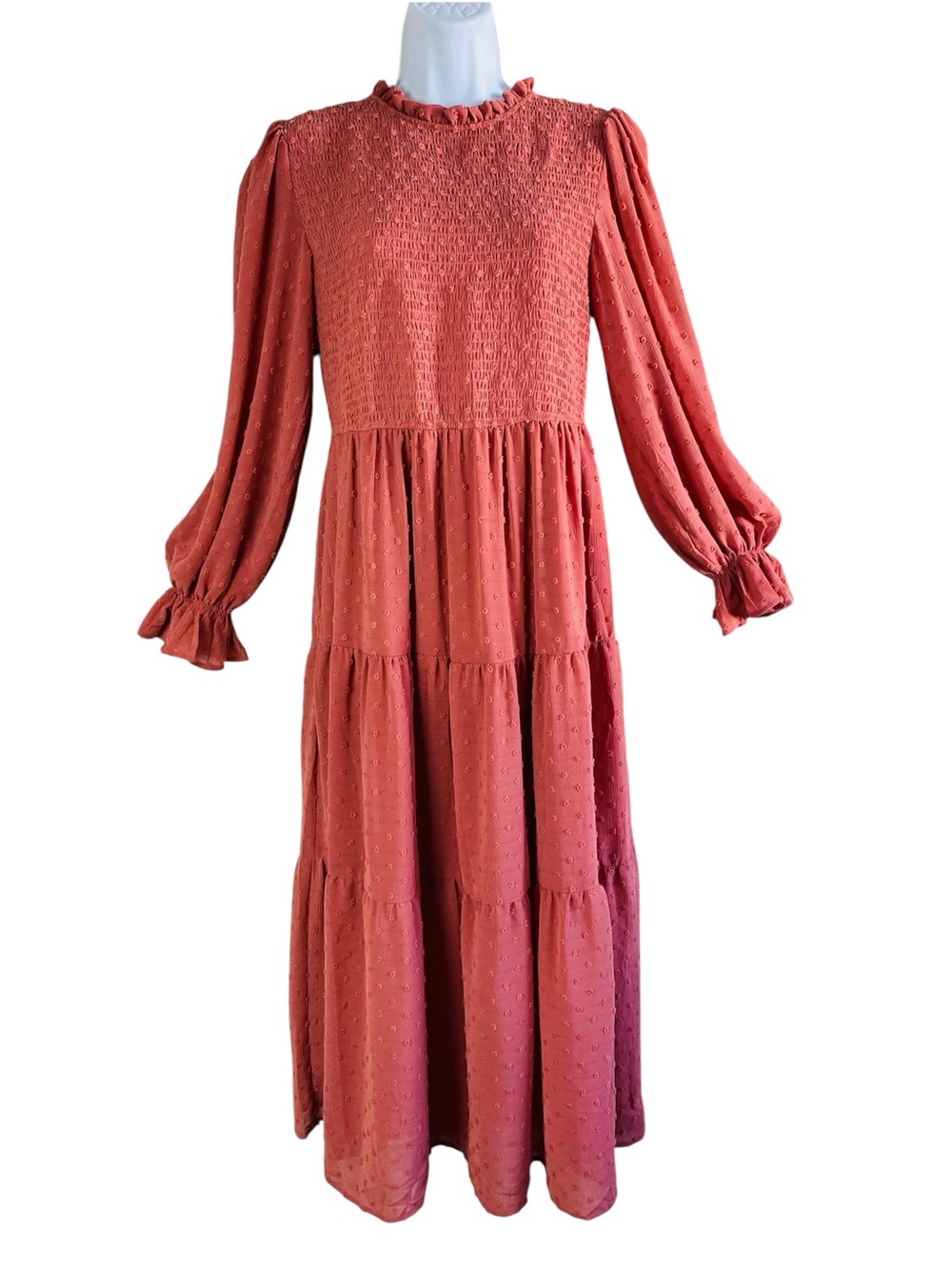 By The River Coral Swiss Dot Smocked Bodice Maxi Dress Size M